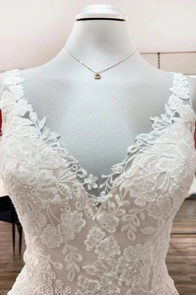 Simple Long A-line Tulle Lace V Neck Appliques Lace Open Back Wedding Dress - Image 5