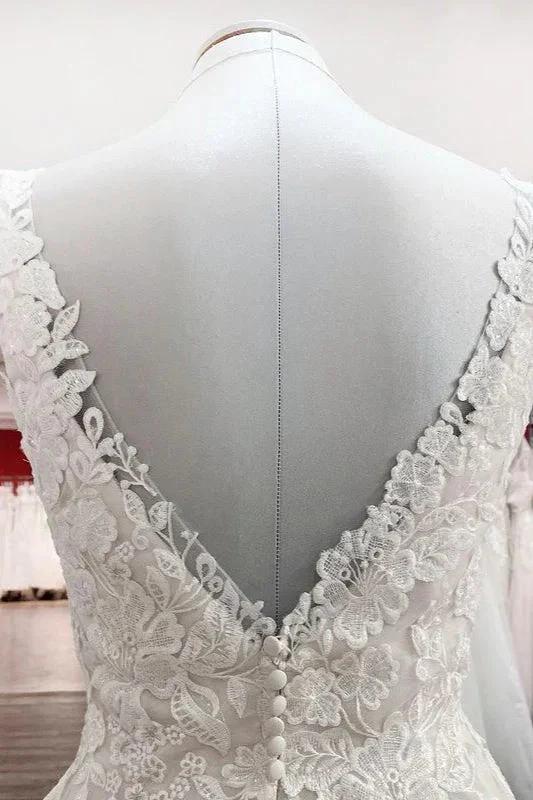 Simple Long A-line Tulle Lace V Neck Appliques Lace Open Back Wedding Dress - Image 6