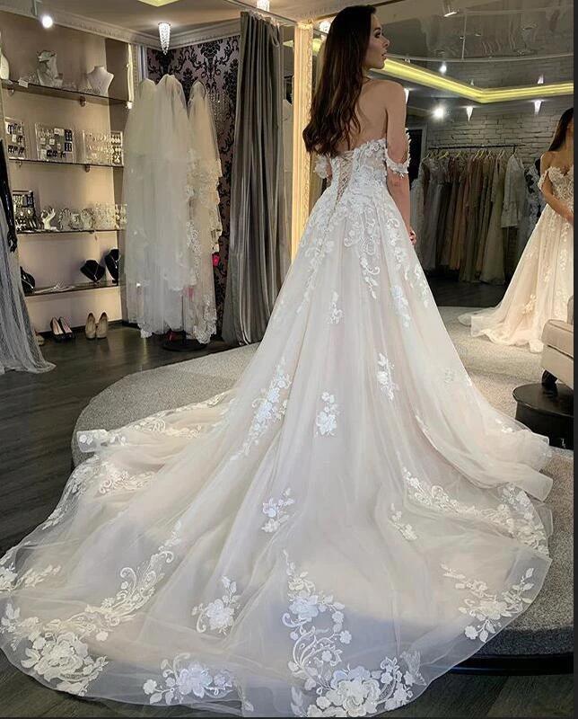 Simple Long A-line Tulle Off-the-Shoulder Lace Appliques Wedding Dress - Image 2