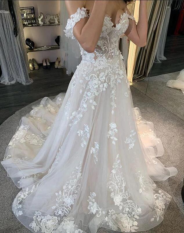 Simple Long A-line Tulle Off-the-Shoulder Lace Appliques Wedding Dress - Image 3