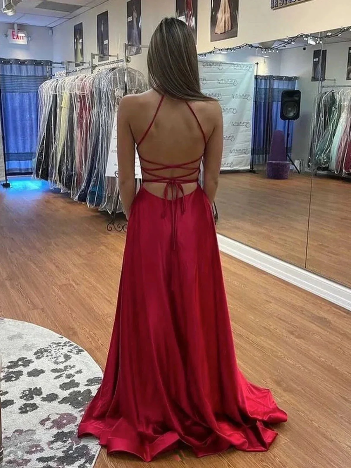 Simple Long A-line V Neck Backless Satin Graduation Prom Dresses with High Slit - Image 2