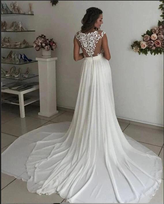 Simple Long A-line V-neck Chiffon Lace Wedding Dress with Slit - Image 2