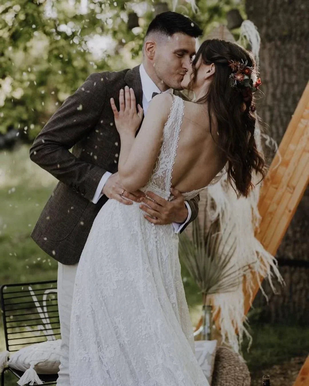 Simple Long A-Line V-neck Lace Backless Wedding Dresses - Image 2