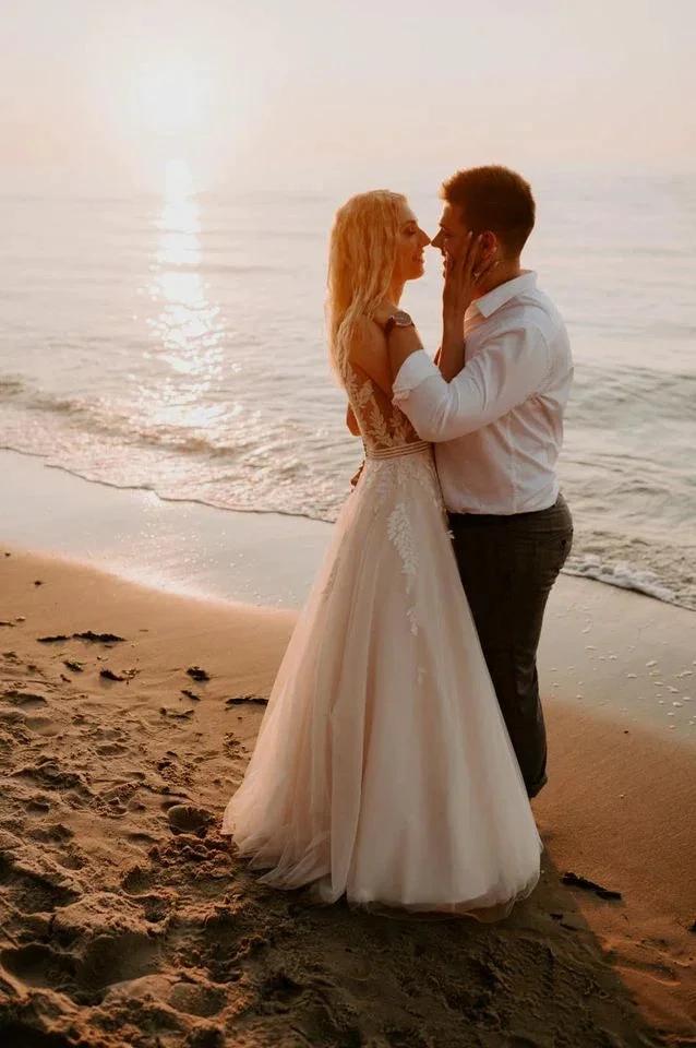 Simple Long A-line V-neck Open Back Tulle Lace Wedding Dress - Image 2