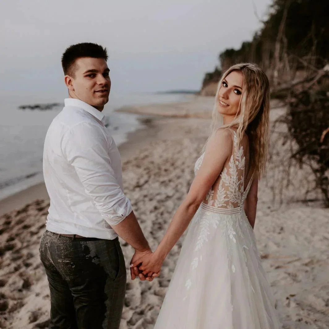 Simple Long A-line V-neck Open Back Tulle Lace Wedding Dress - Image 3