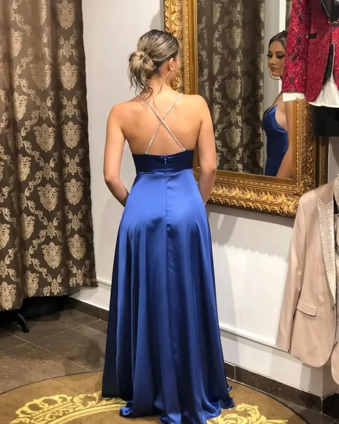 Simple Long A-line V-neck Satin Backless Prom Dress with slit - Image 3