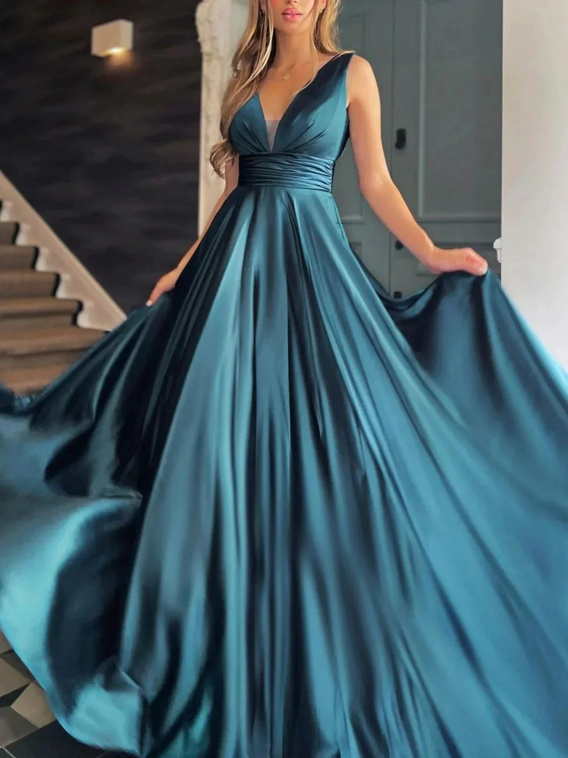 Simple Long A-line V-neck Satin Prom Dress White Formal Graduation Evening Dresses with Pockets - Image 2