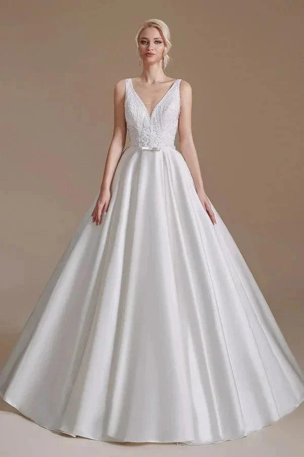 Simple Long A-line V-neck Satin Wedding Dress with Appliques Lace - Image 2
