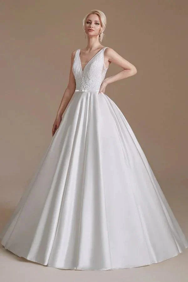 Simple Long A-line V-neck Satin Wedding Dress with Appliques Lace - Image 3