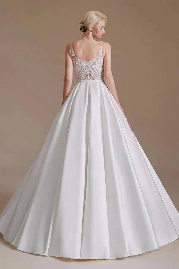 Simple Long A-line V-neck Satin Wedding Dress with Appliques Lace - Image 5