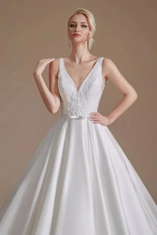 Simple Long A-line V-neck Satin Wedding Dress with Appliques Lace - Image 6