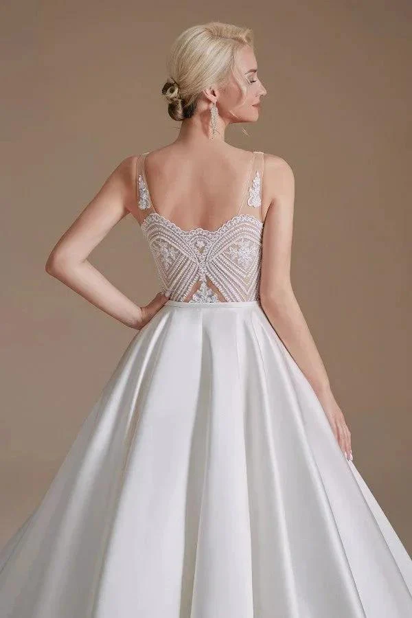 Simple Long A-line V-neck Satin Wedding Dress with Appliques Lace - Image 7