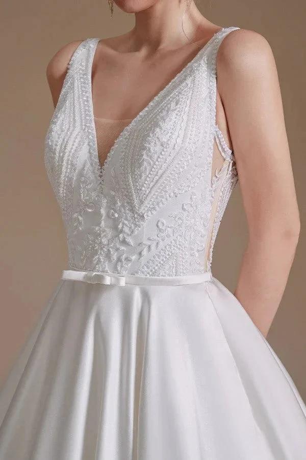 Simple Long A-line V-neck Satin Wedding Dress with Appliques Lace - Image 8