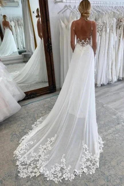 Simple Long A-line V-neck Spaghetti Straps Wedding Dresses With Lace - Image 2