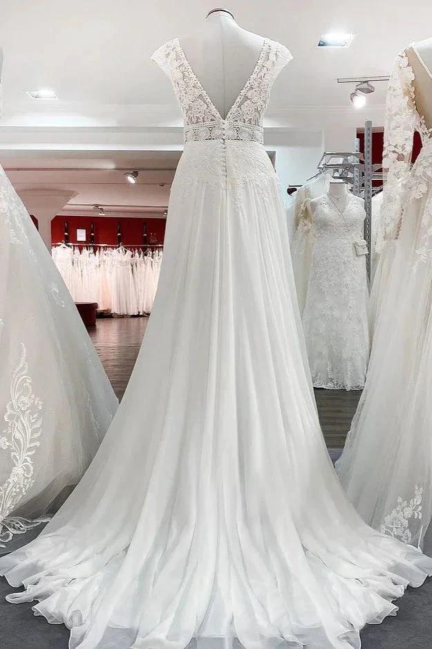 Simple Long A-line V-neck Tulle Appliques Lace Wedding Dress - Image 2