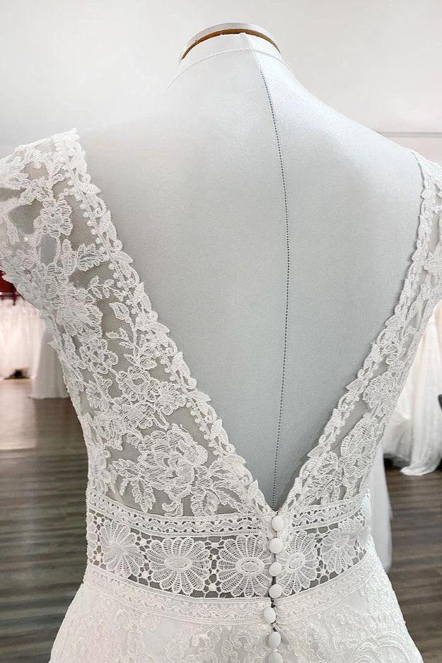 Simple Long A-line V-neck Tulle Appliques Lace Wedding Dress - Image 4