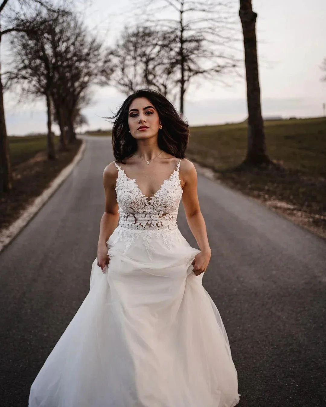 Simple Long A-line V-neck Tulle Backless Wedding Dress - Image 2