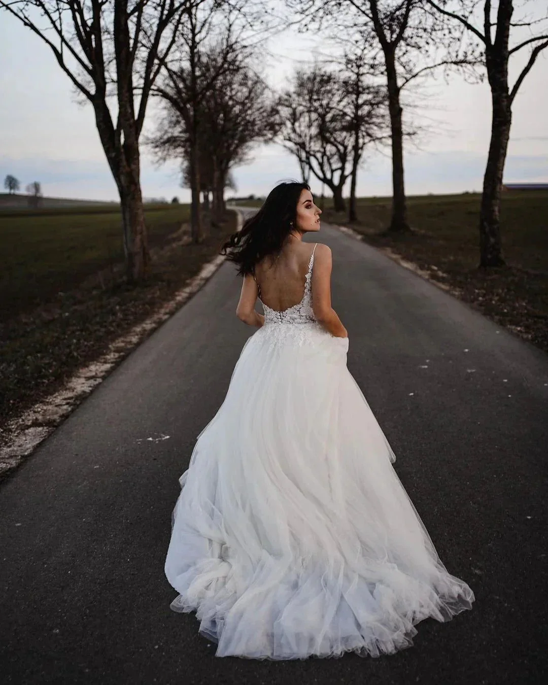 Simple Long A-line V-neck Tulle Backless Wedding Dress - Image 3