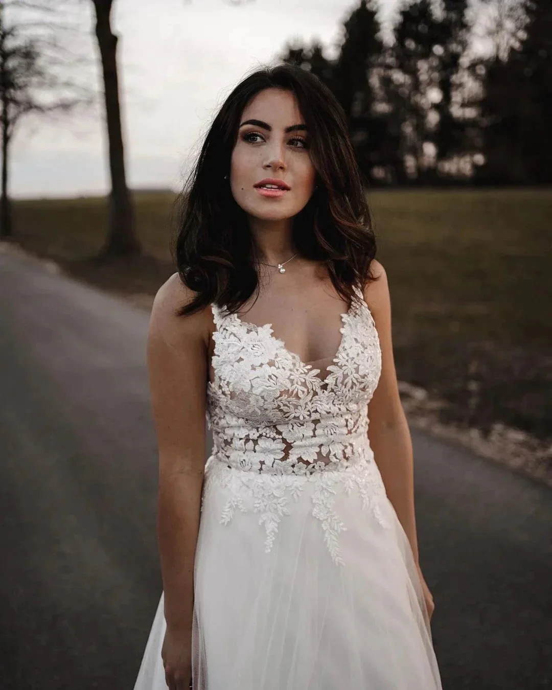 Simple Long A-line V-neck Tulle Backless Wedding Dress - Image 4