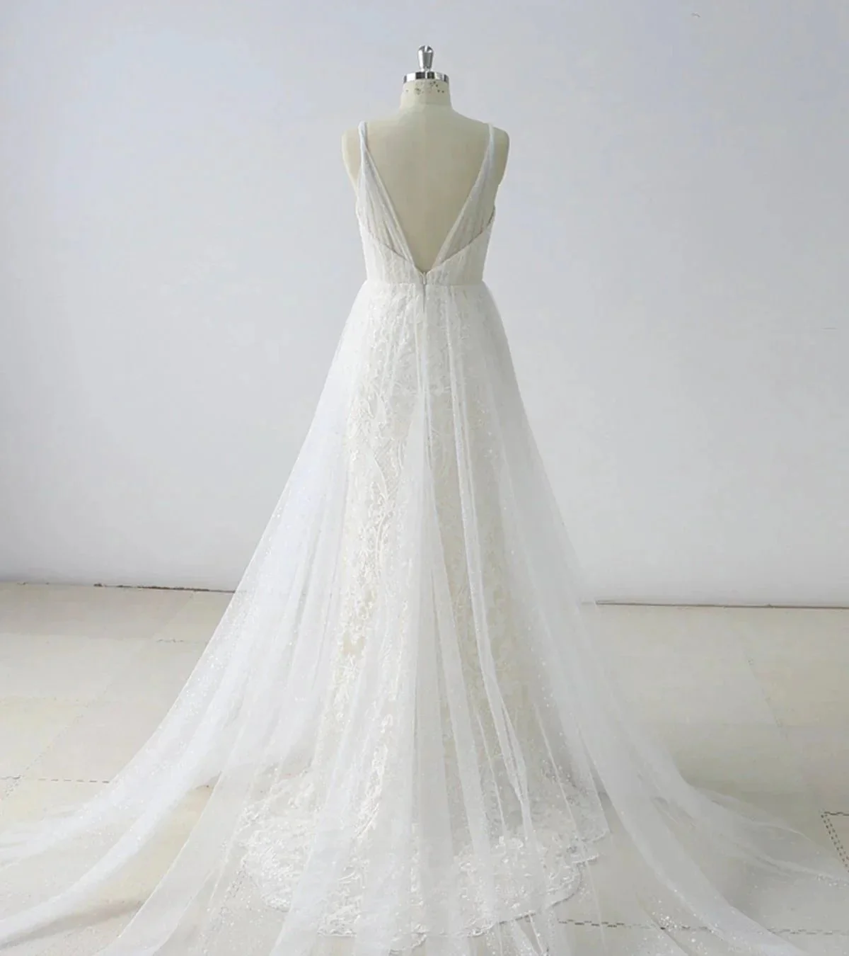 Simple Long A-line V Neck Tulle Wedding Dress - Image 2