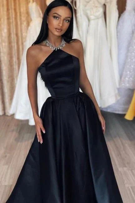 Simple Long Black A-line Halter Satin Sleeveless Prom Dress - Image 2