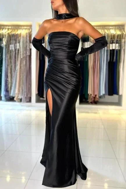 Simple Long Black Mermaid Strapless Satin Prom Dress with Slit - Image 3