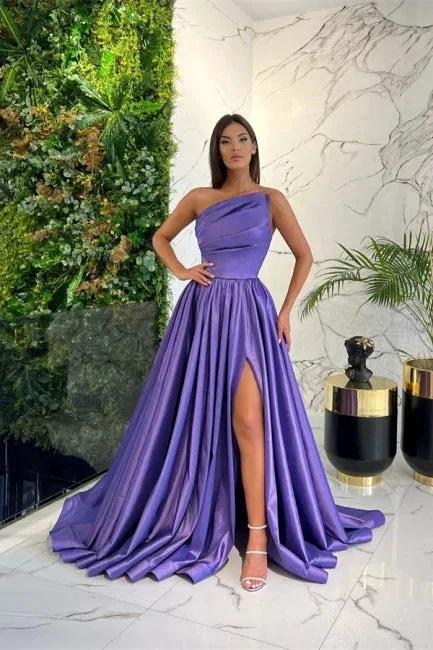Simple Long Blue A-line One Shoulder Sleeveless Evening Dresses With Slit - Image 3