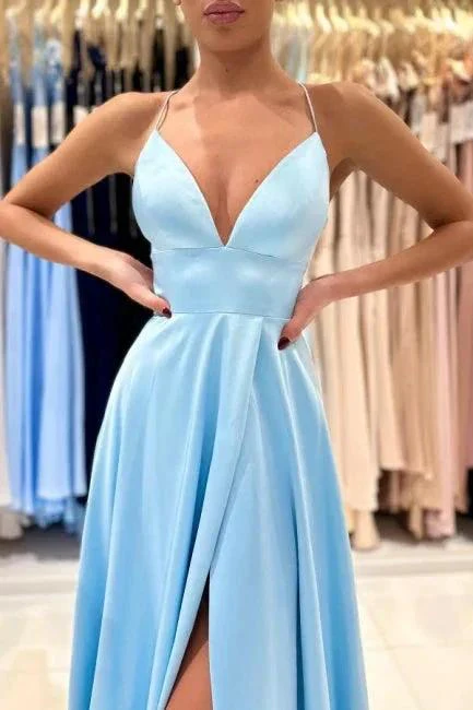 Simple Long Blue A-line V-neck Sleeveless Satin Evening Dress With Slit - Image 3