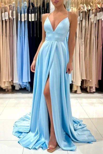Simple Long Blue A-line V-neck Sleeveless Satin Evening Dress With Slit - Image 5
