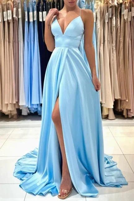 Simple Long Blue A-line V-neck Sleeveless Satin Evening Dress With Slit - Image 6