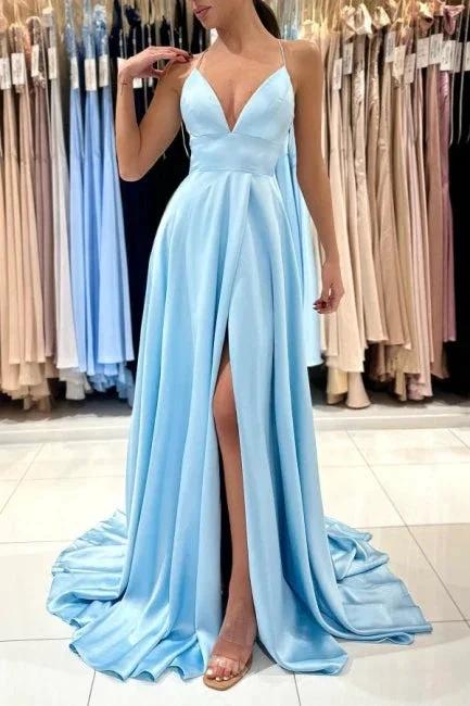Simple Long Blue A-line V-neck Sleeveless Satin Evening Dress With Slit - Image 7