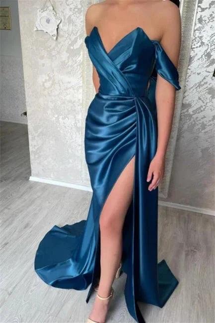 Simple Long Blue Off-the-shoulder Prom Dress With Slit - Image 4