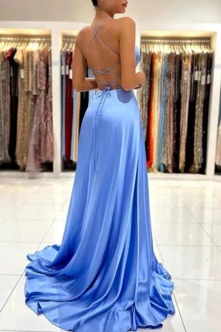Simple Long Blue V-neck Spaghetti Straps Satin Evening Dresses With Slit - Image 3