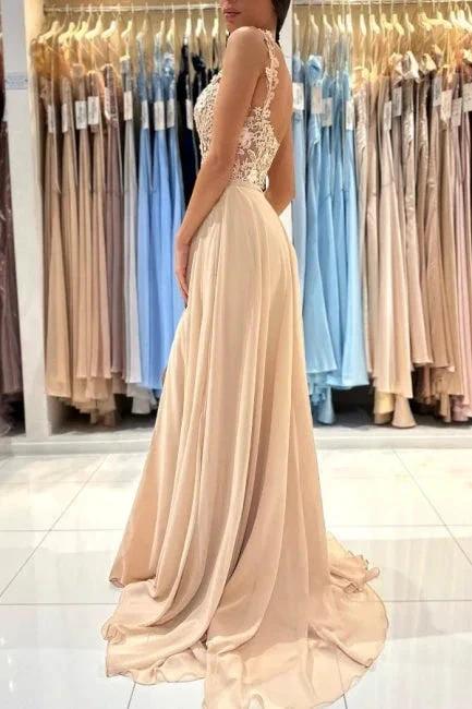 Simple Long Champagne A-line Lace Sleeveless Evening Dresses With Slit - Image 2