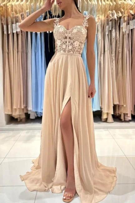 Simple Long Champagne A-line Lace Sleeveless Evening Dresses With Slit - Image 3
