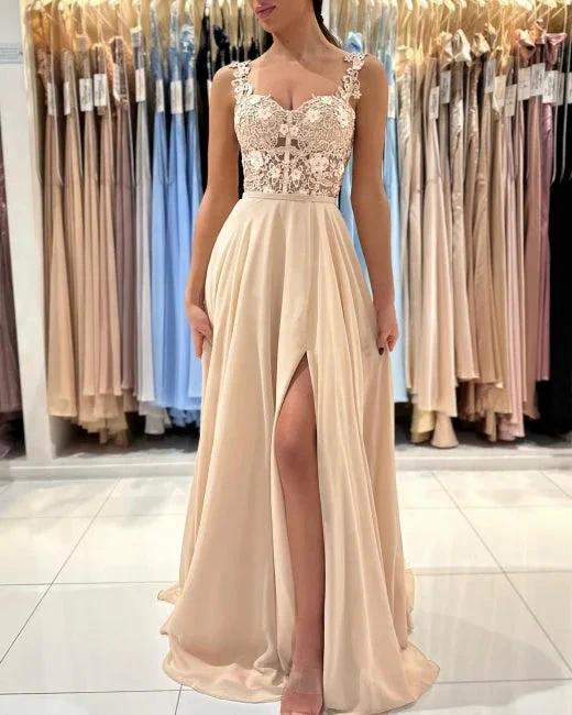Simple Long Champagne A-line Lace Sleeveless Evening Dresses With Slit - Image 4