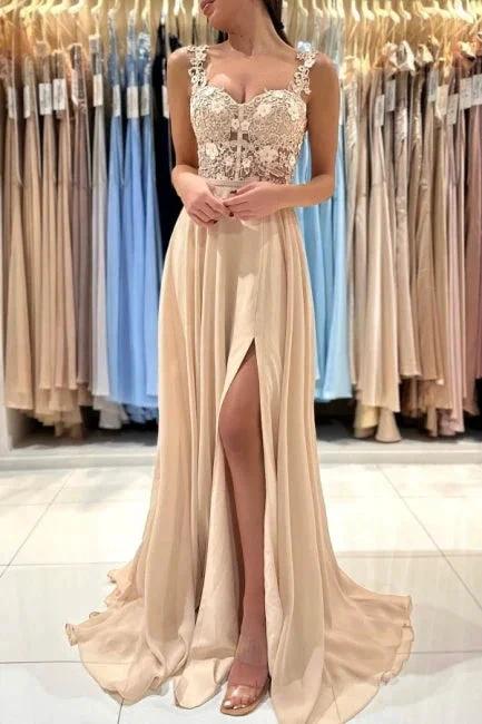 Simple Long Champagne A-line Lace Sleeveless Evening Dresses With Slit - Image 5