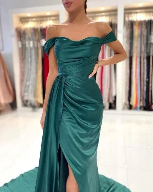 Simple Long Dark Green Off-the-shoulder Slit Mermaid Prom Dresses - Image 4