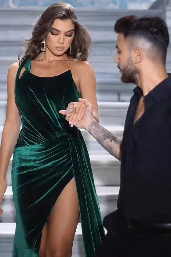 Simple Long Dark Green Sexy Velvet Sleeveless Prom Dress With Slit - Image 2
