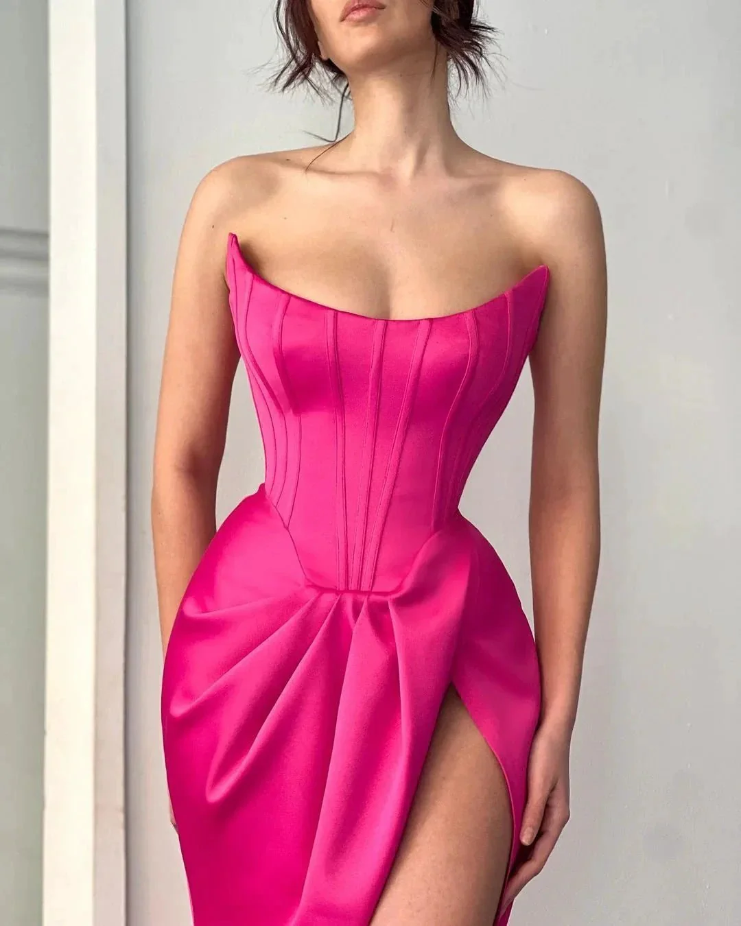 Simple Long Fuchsia Sexy Sleeveless Satin Prom Dress With Slit - Image 2
