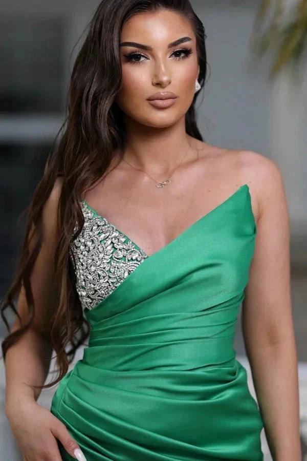 Simple Long Green Strapless V-neck Satin Sleeveless Prom Dress with Slit - Image 3