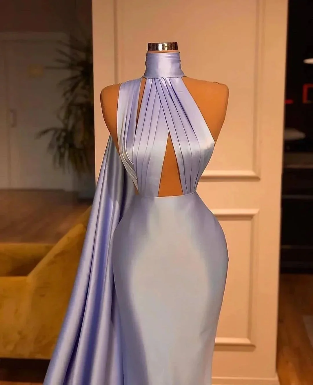 Simple Long Halter Mermaid Satin Prom Dresses With Ruffles - Image 2