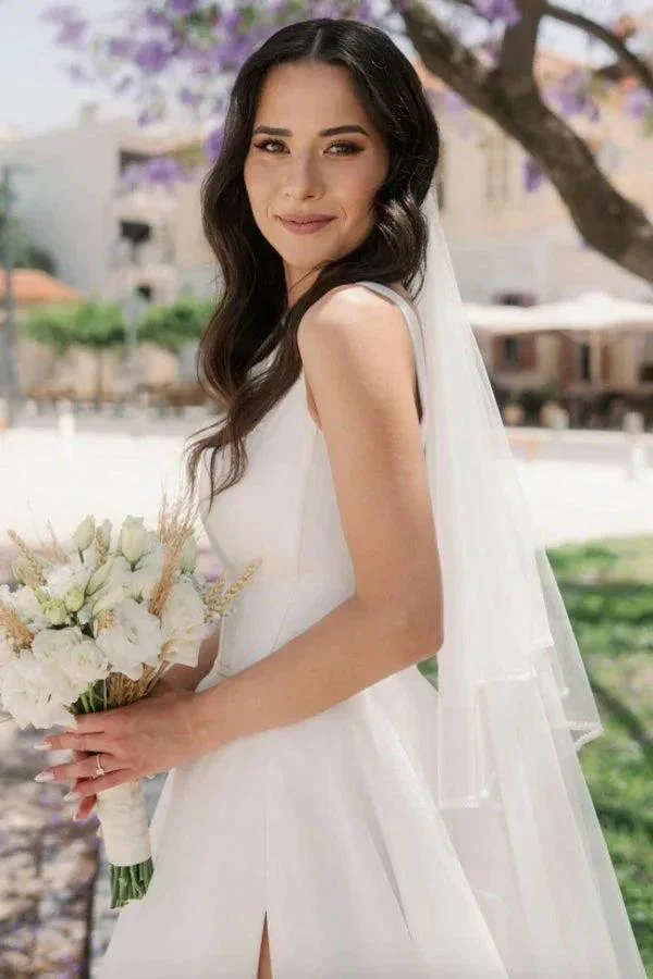 Simple Long Ivory A-line Straps Tulle Sleeveless Wedding Dress with Slit - Image 3