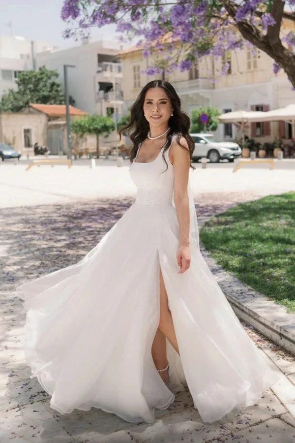 Simple Long Ivory A-line Straps Tulle Sleeveless Wedding Dress with Slit - Image 4