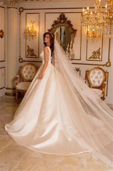 Simple Long Ivory A-line V-neck Satin Sleeveless Wedding Dresses With Train - Image 2