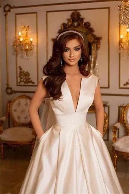 Simple Long Ivory A-line V-neck Satin Sleeveless Wedding Dresses With Train - Image 3