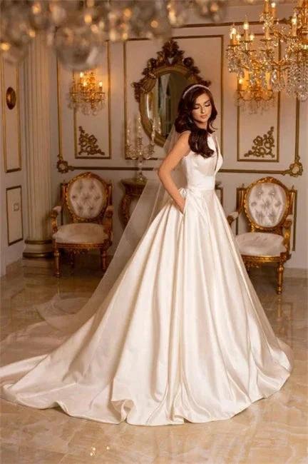 Simple Long Ivory A-line V-neck Satin Sleeveless Wedding Dresses With Train - Image 4
