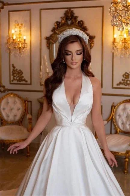 Simple Long Ivory A-line V-neck Sleeveless Satin Wedding Dresses - Image 2