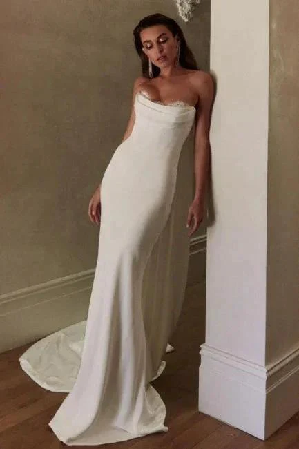 Simple Long Ivory Mermaid Strapless Satin Wedding Dress with Lace - Image 2