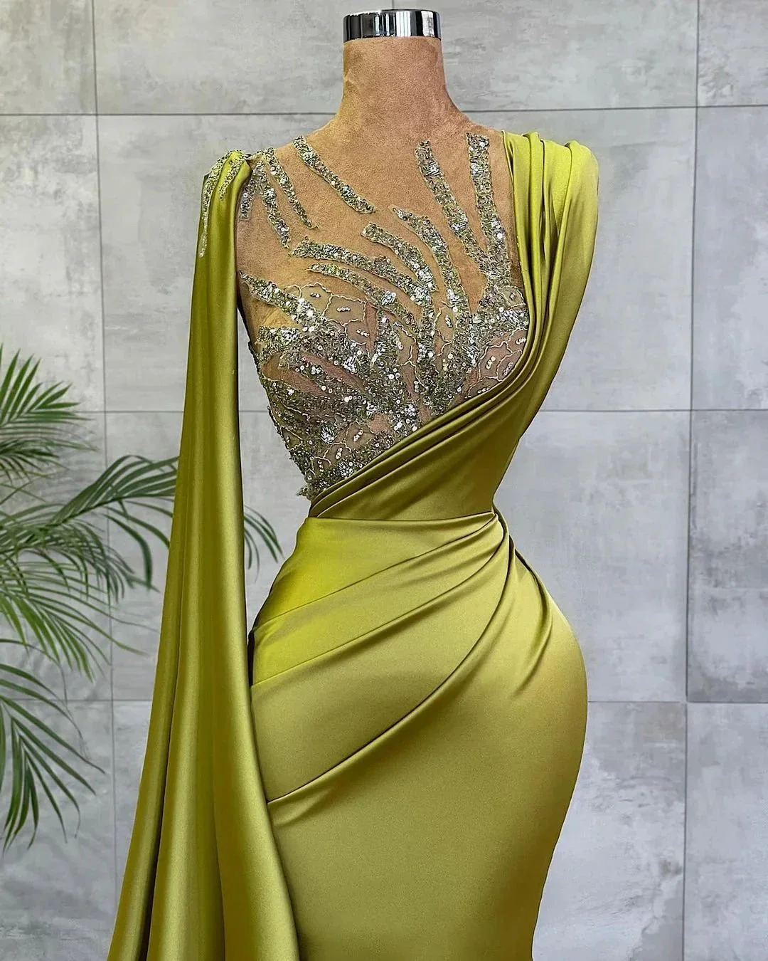 Simple Long Jewel Satin Mermaid Prom Dress - Image 2